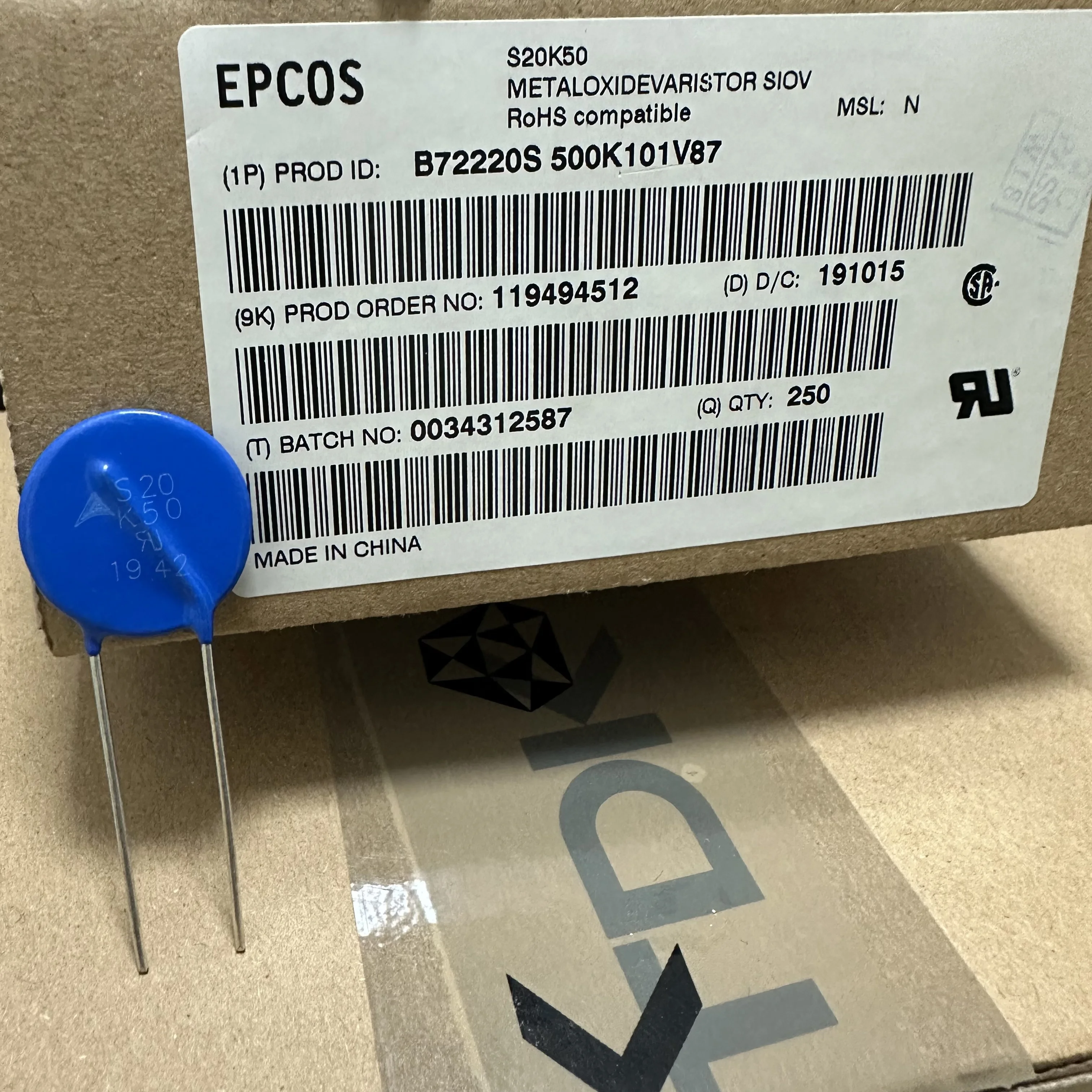 10pcs S14K300 기존 EPCOS B722220S2621K503 S14K300E2K1 배리스터 S20K50 B72220S 500K101V87 S20K60 600K101V87