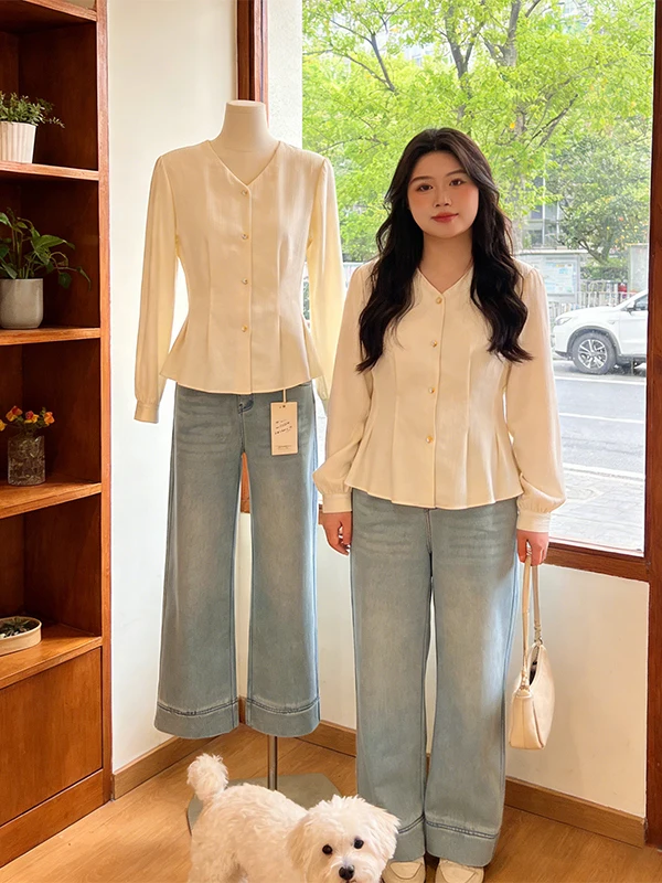 

Elegant plus Size Shirt Women's Long Sleeve V-Neck Waist-Cinched Spring 2026 Fashionable Versatile Office Wear Korean Style
