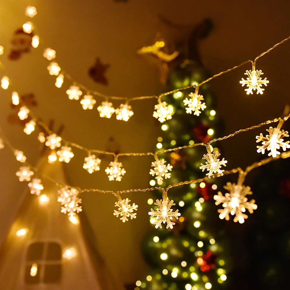 Battery Powered LED Snowflake String Lights 10/20/40 Fairy Garland Christmas Decorative Lighting for Home Wedding Party Decor
