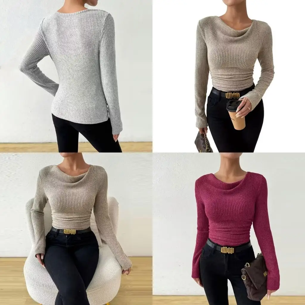 

72XE Women's Autumn Round Neck Long Sleeve Pleated Design Fit Top