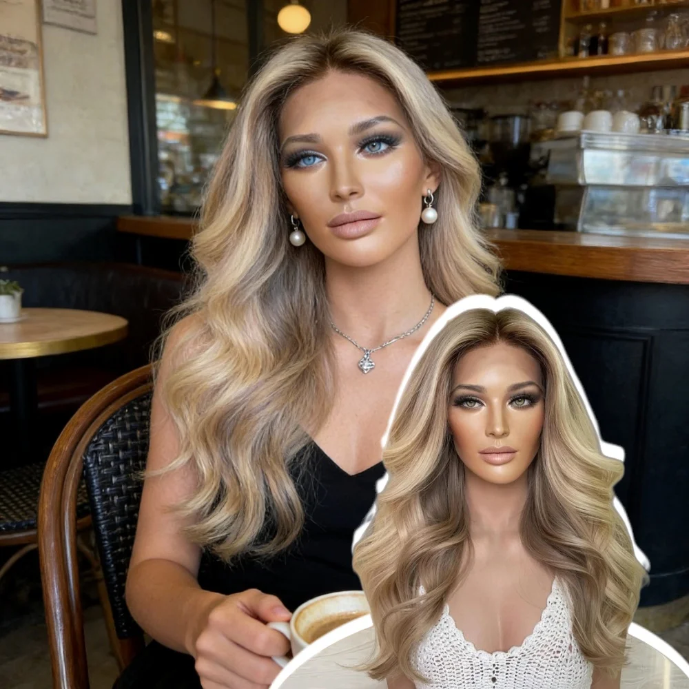 

Парик с эффектом омбре и светлыми прядями, с прозрачной HD-основой, без клея, для белых женщин, длинный волнистый, термостойкий, синтетический.