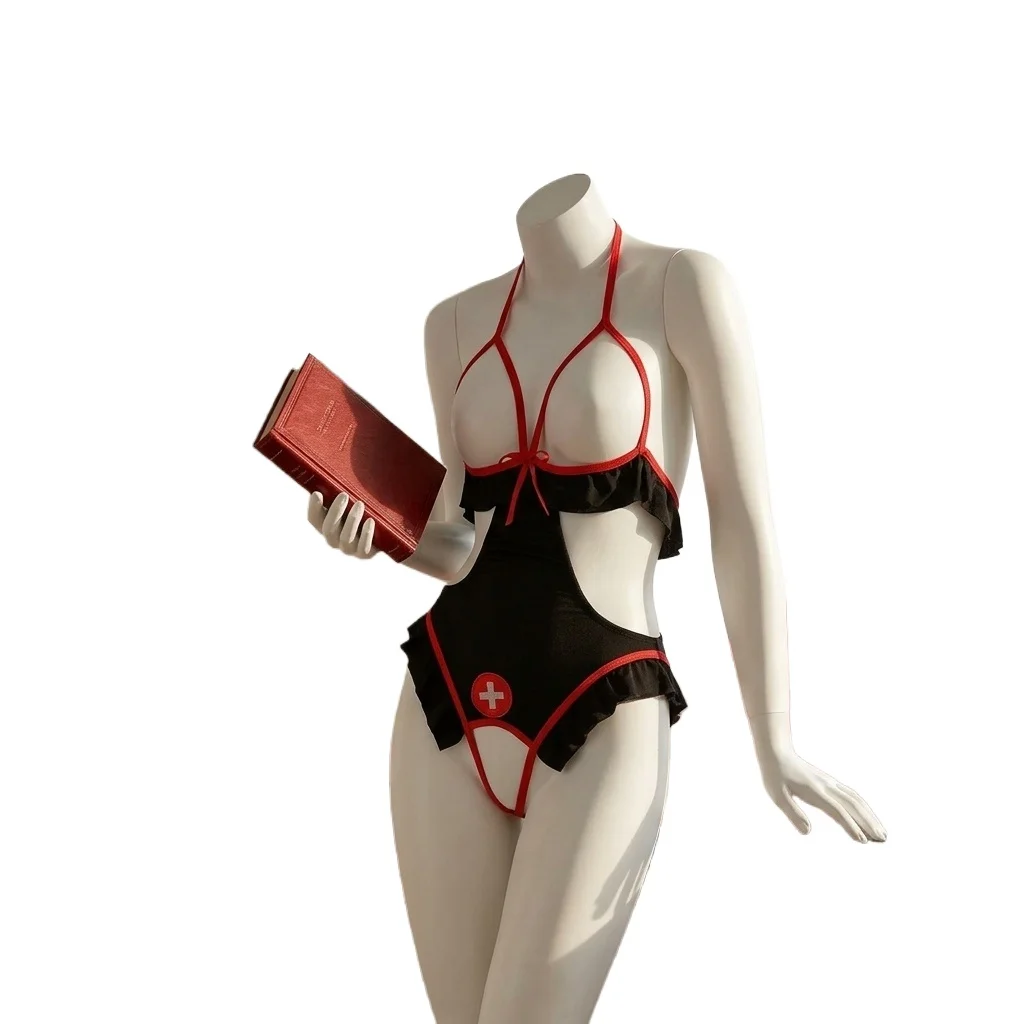 Crotchless Lingerie Women Hollow Open Bra Sets Costumes Deep V Backless Hanging Neck Bodysuit Underwear Set