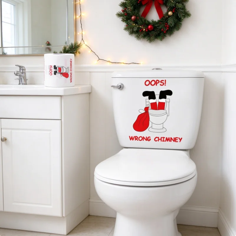 2pcs Christmas bathroom decoration, 1 set of self-adhesive Christmas toilet stickers and 1 roll of Christmas toilet paper