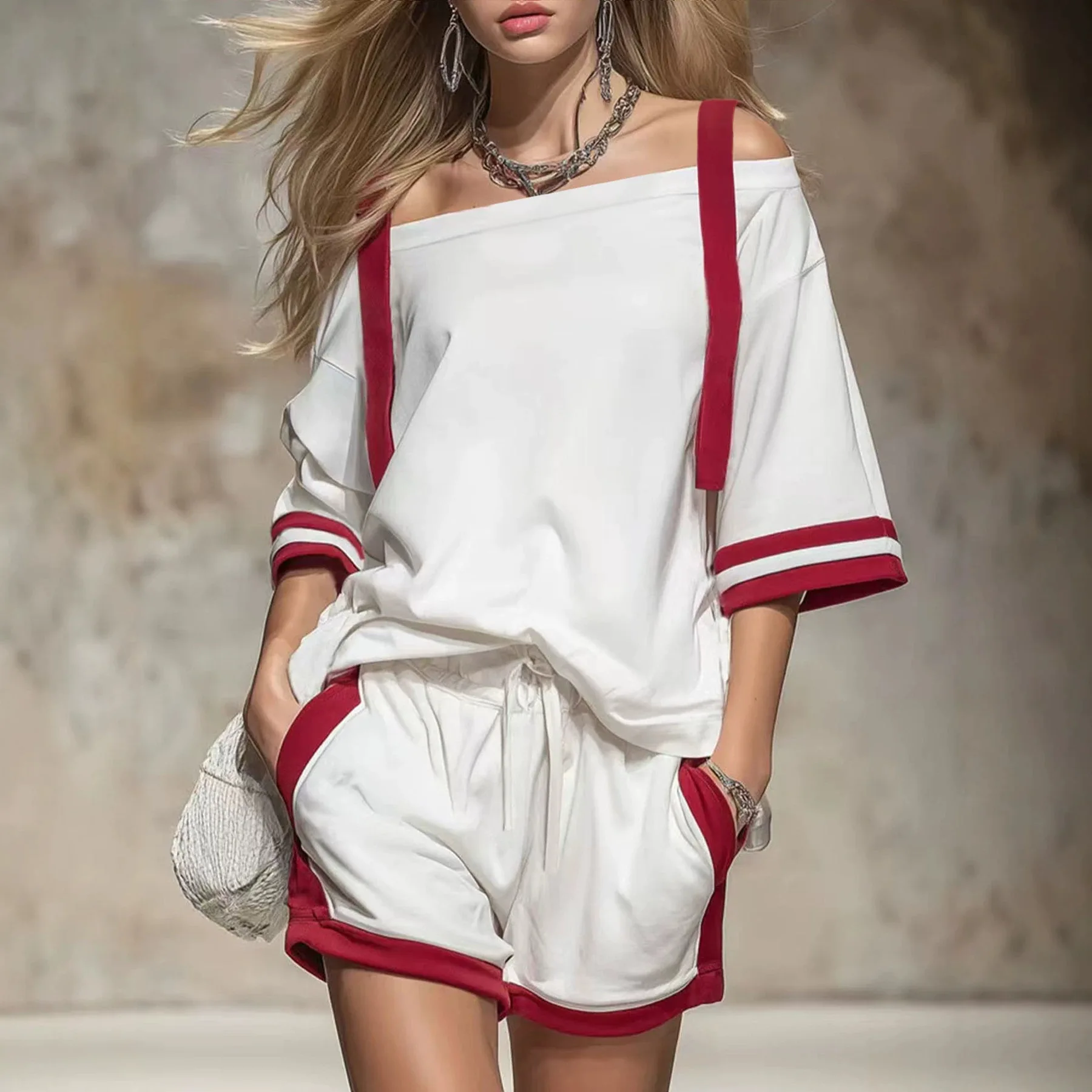 2026 Spring/Summer Women's Open Shoulder Top+Shorts Sports and Leisure Two Piece Set