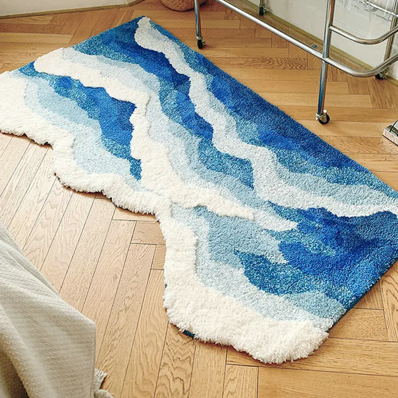 

Blue Sea Wave Thick Tufted Carpet Soft Plush Bedroom Living Room Bedside Rugs Decor Non-Slip Absorbent Bath Entrance Door Mat