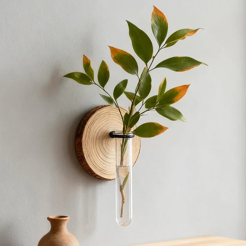 Wall Hanging Wooden Test Tube Hydroponic Vase Plant Propagation Glass Vase with Wooden Stand for Home Office Planter Garde Decor