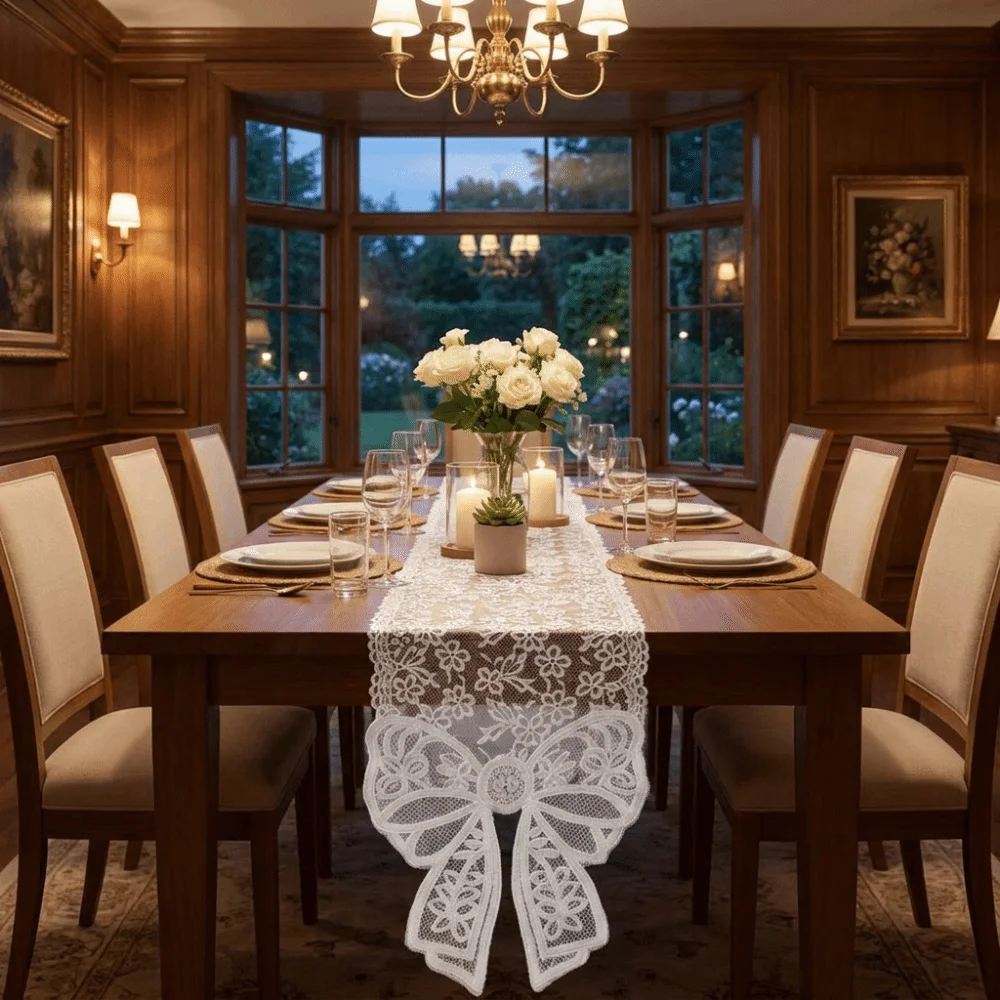 Party Decoration Floral Cut-Out Lace Table Runner Romantic Bow Trim Table Flag Vintage Long Strip Table Cover Coffee Table