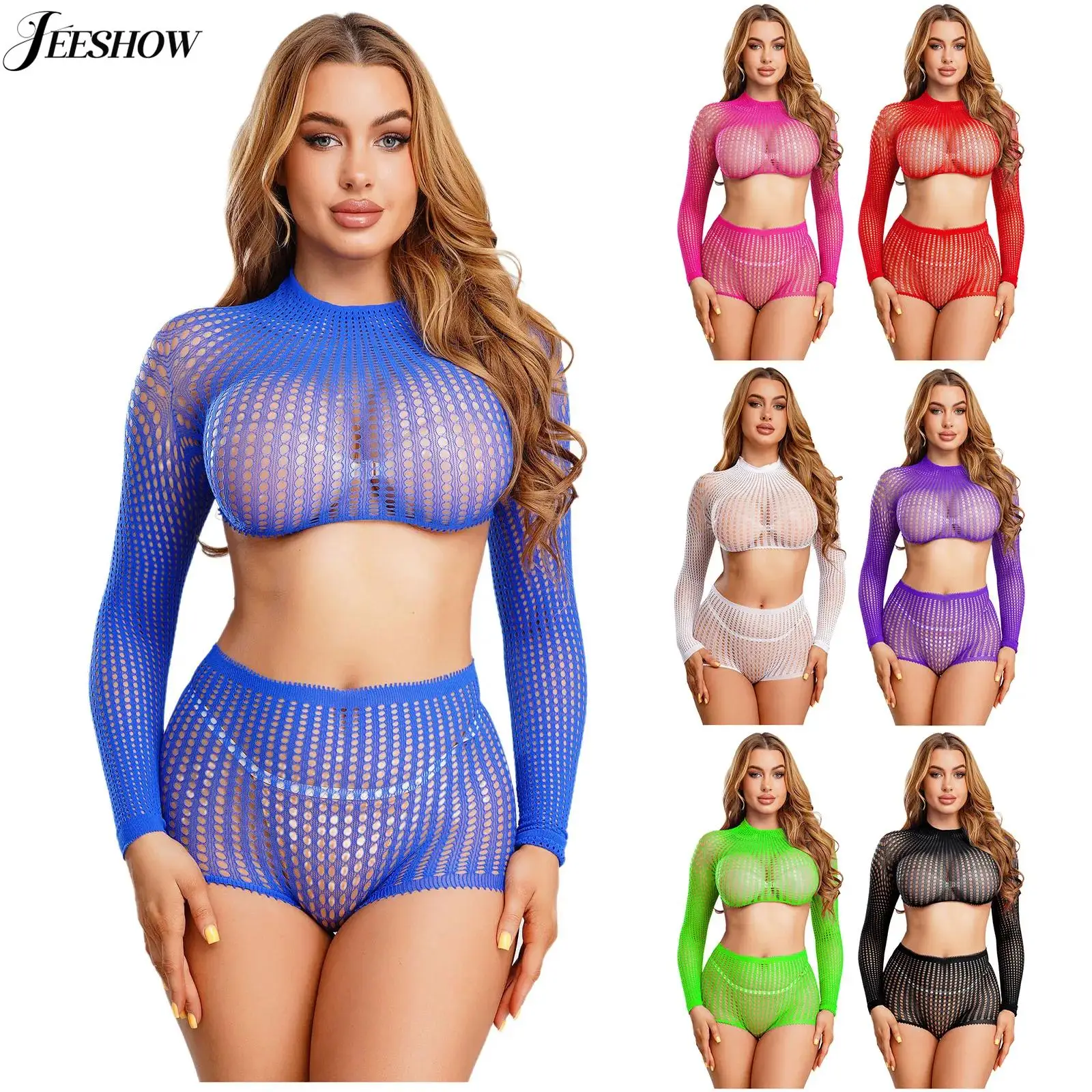 

Женский прозрачный ажурный наряд, прозрачный сетчатый укороченный топ с длинными рукавами и мини-шортами, комплект бикини из двух предметов, клубная одежда