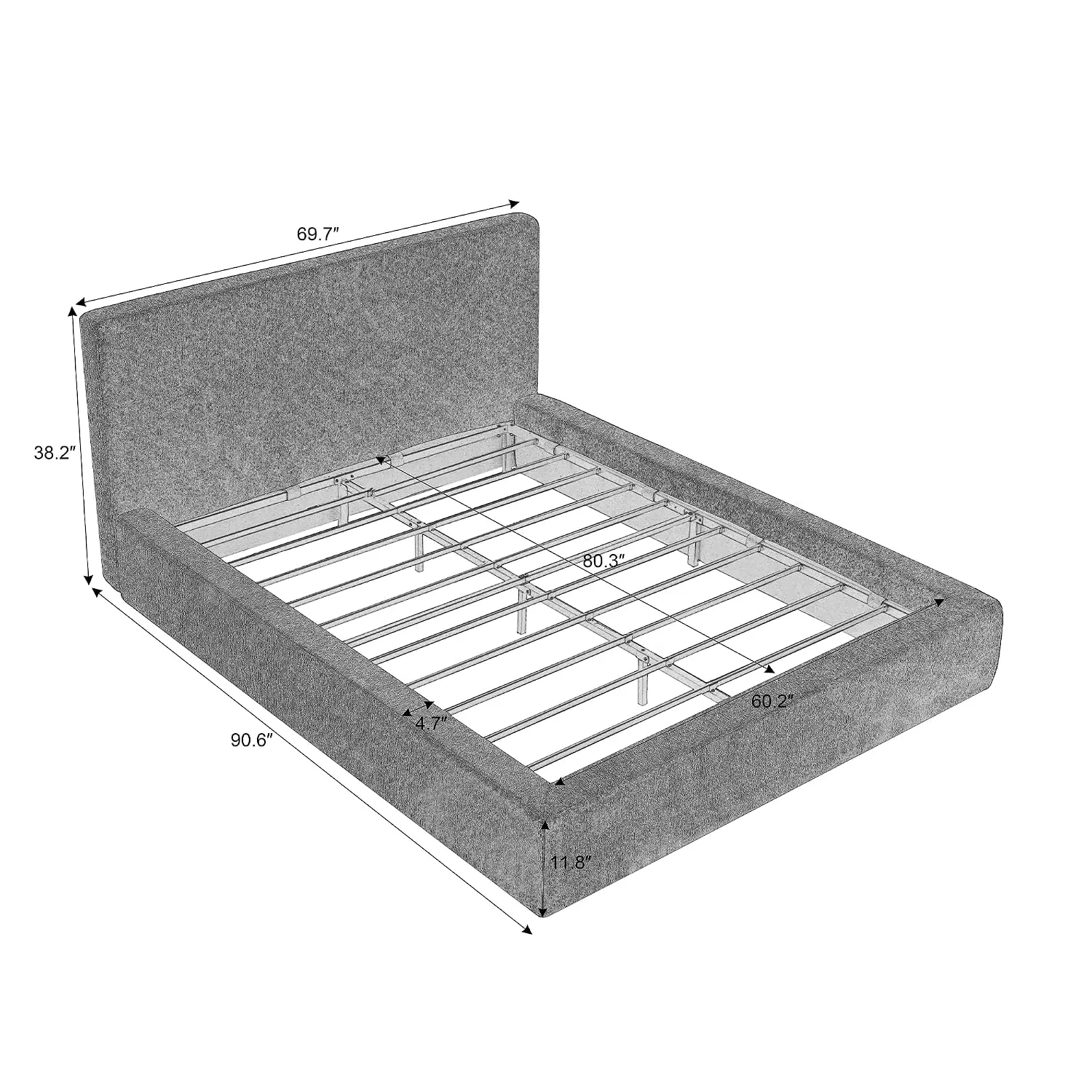 Queen Upholstered Platform Bed Frame, Headboard, No Box Spring, Low-Profile Chenille, 5