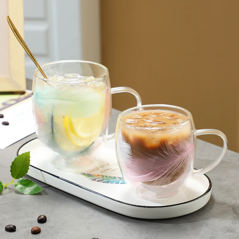 Transparent Feather Double-layer Glass Cup Creative Household Coffee Cup With Handle Heat-resistant And Cold-resistant Glass Cup image 4