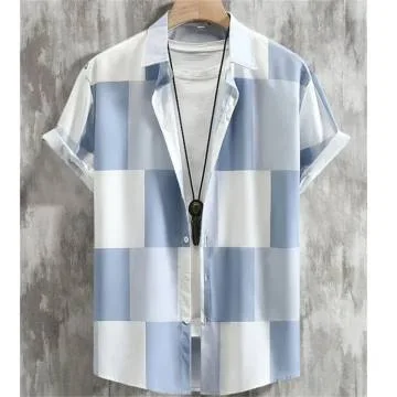 

Japanese-style plaid color-blocked 3D print short-sleeved men's shirt, summer style, loose fit, everyday beach vacation top.