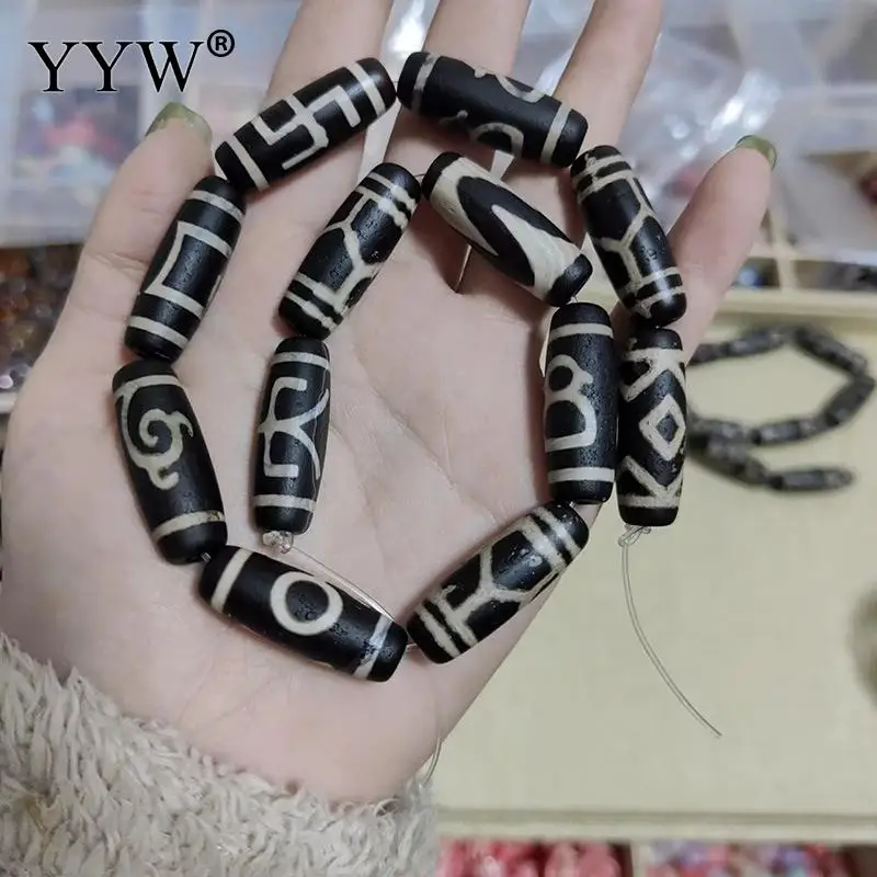 Sale 1 PC 13x38mm Black Natural Tibetan Dzi Beads Kuanyi Nine Eyes Random Patterns Agate Onyx Stone For Buddhist Jewelry Making