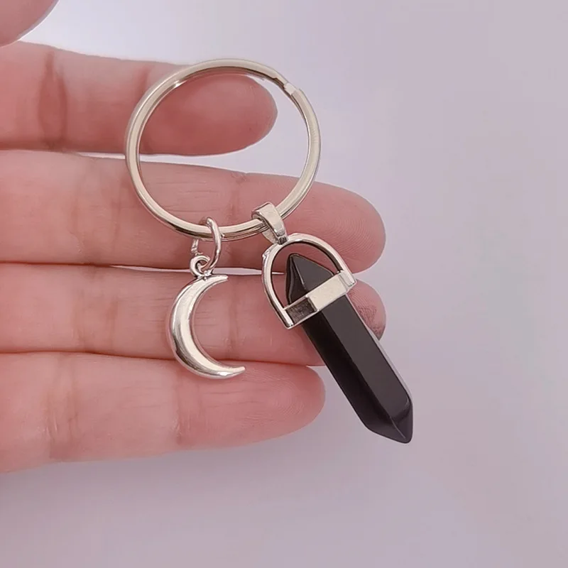 Natural Gem Stone Crystal pendant Keyrings moon Hexagon prism Nuggets Quartz keychain for men Women