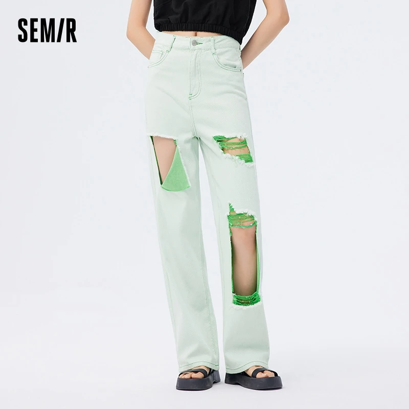 

Semir Jeans Women Broken Street Wide Leg Trousers 2024 Summer New Cotton Bright Line Trousers