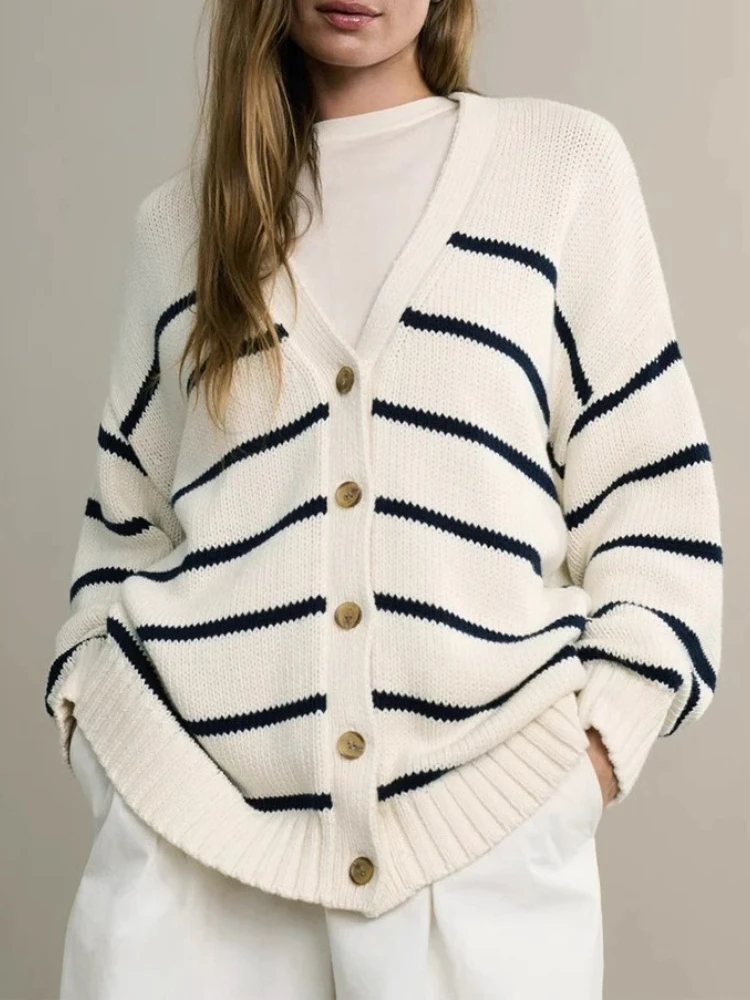 

Striped Knitted Cardigan for Women, 2025 Autumn and Winter New V-neck Cardigan Sweater Pure Cotton Striped Sweater for Women