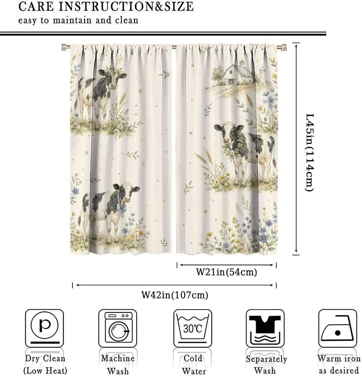 Rustic Farm Curtain Panels, Vintage Watercolor Cow Floral Farmhouse Barn Art Print Drapes for Living Room Window Home Decor