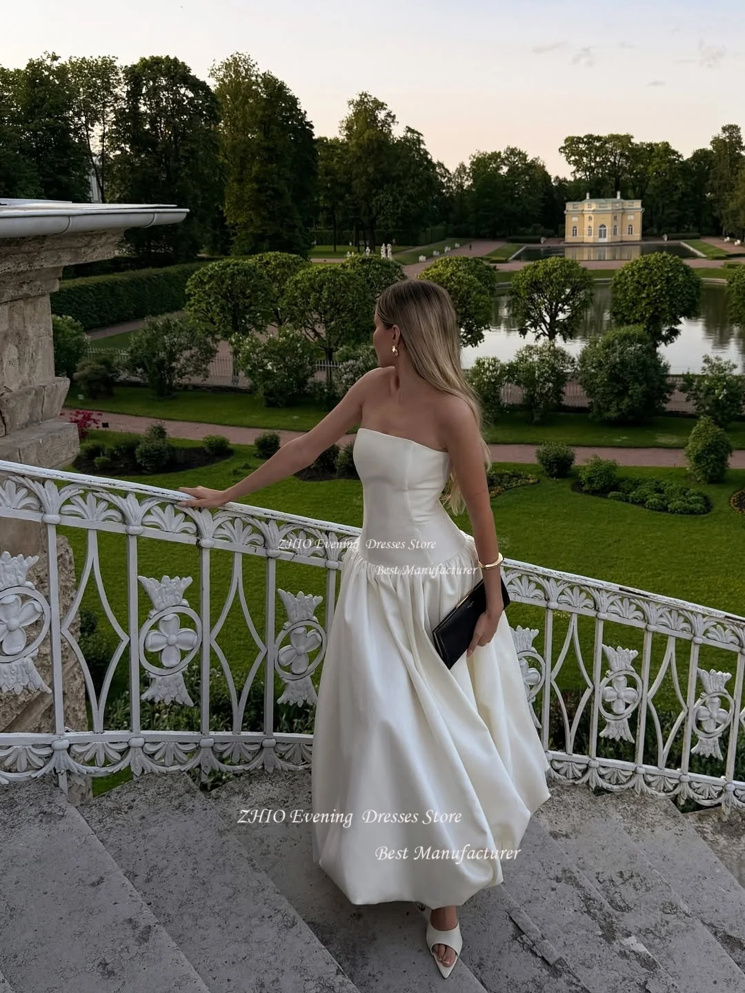 ZHIO فستان زفاف بسيط من الساتان الأبيض بدون حمالات بطول الكاحل زي العرائس مخصص بدون أكمام طيات فستان حفلات الزفاف