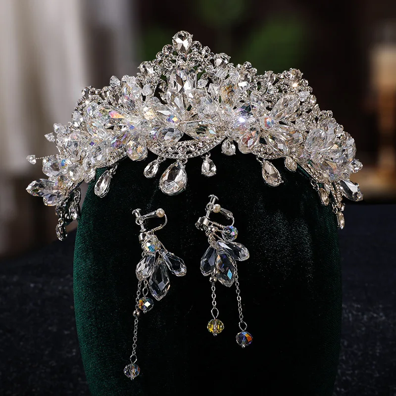 

Baroque Wedding Headband Crystal Bridal Crowns Earrings Set Tiaras Hair Jewelry Accessories Diadem Forehead Headwear Headdress