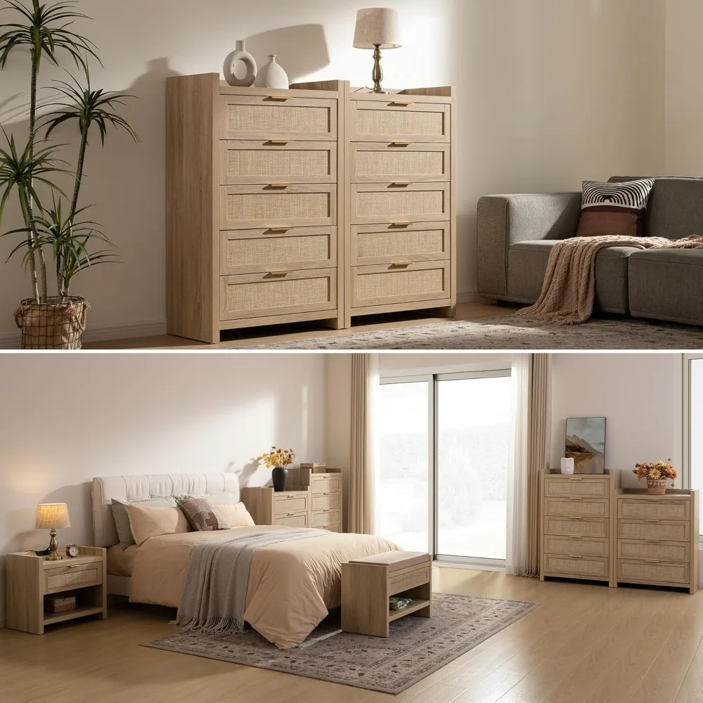SICOTAS Comò per camera da letto Cassettiera 46 Comò alto per armadio con 5 cassetti in rattan Comodino Boho Abiti grandi Sto
