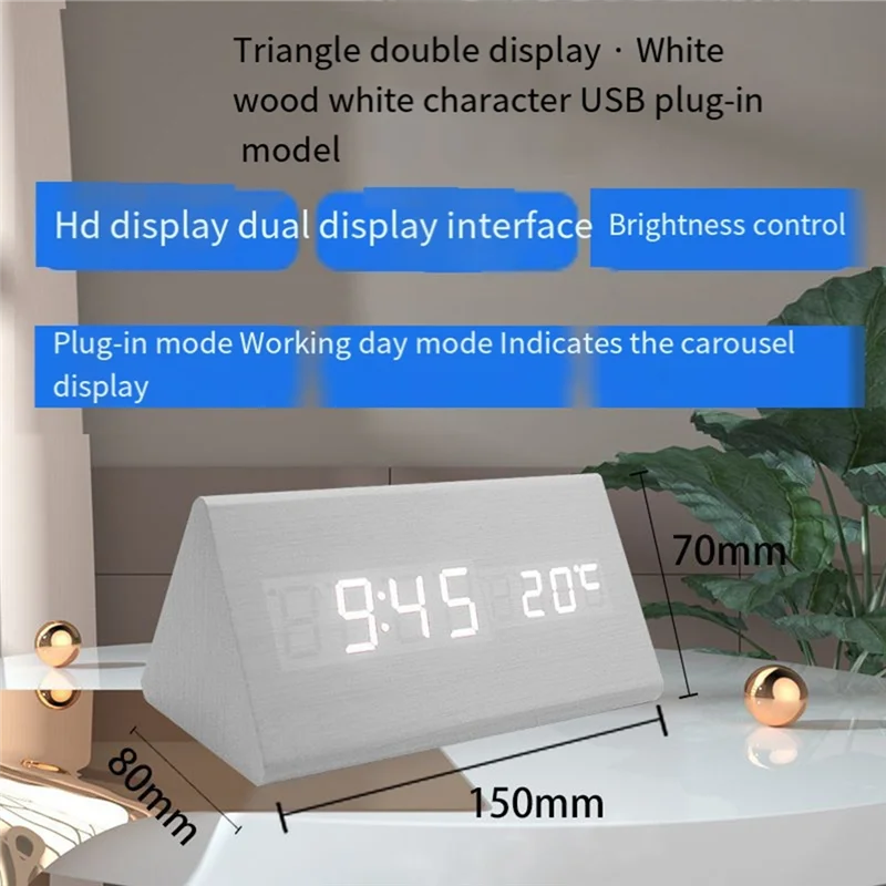 Excellent-Digital Clock Wooden Sound Control LED Alarm Clock With Temperature USB Desktop Clocks Snooze