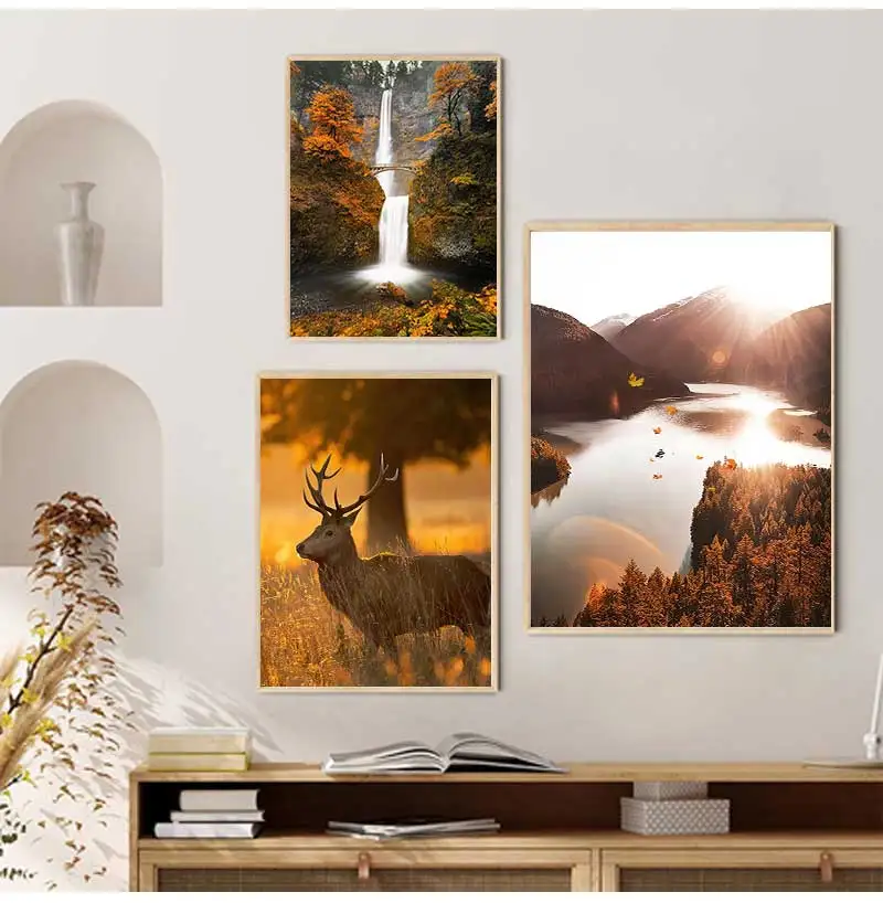 Waterfall Reed Wall Art Canvas Painting Nordic Posters And Prints Wall Pictures For Living Room Autumn Leaves Forest Deer Lake