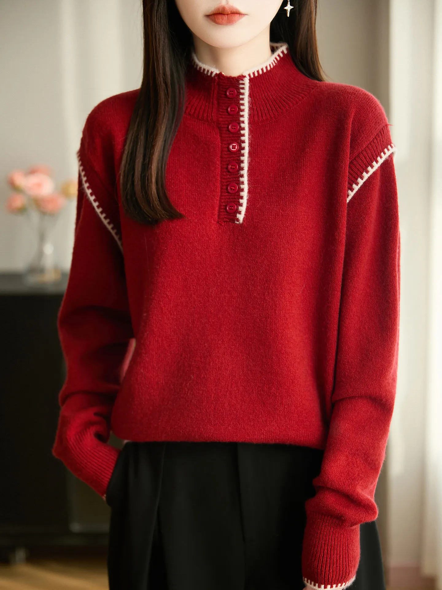 Faionable Color Blo f High Collar Loose Long Sve Damen-Strickpullover Herbst Winter Weich Hautfreundlich Base Ir...