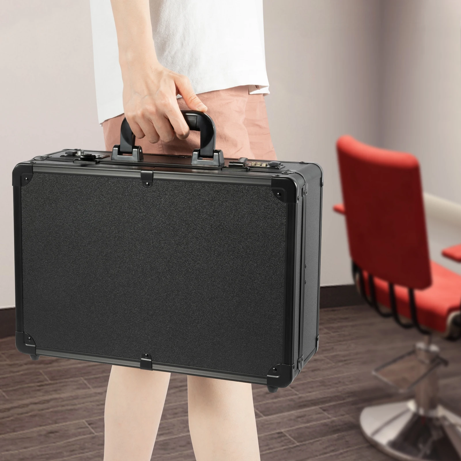 

Modern Professional Aluminum Alloy Rectangle Hairdressing Toolbox Large Capacity Partition Storage with Double Password Buckle Design