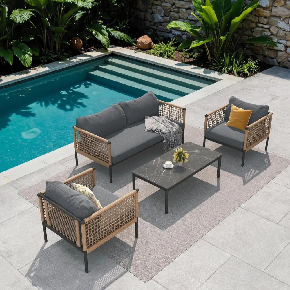 

4-Piece Wicker Patio Furniture Set, Boho Outdoor Conversation Set, Patio Sofa Seatings with Coffee Table for Garden.