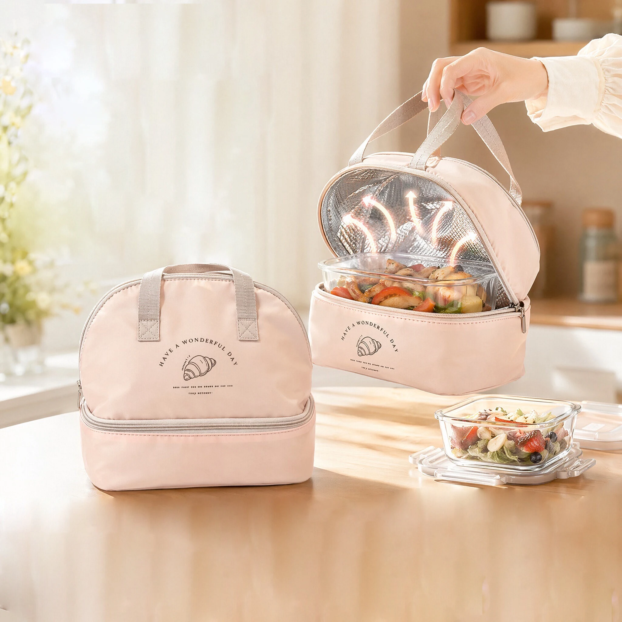 Double-layer lunch box bag with large capacity and thick aluminum film lunch box bag for carrying and keeping warm