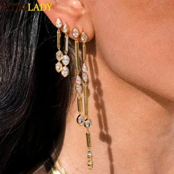 2025 New Micro Pave Cubic Zircon Tassel Chain Hanging Drop Earrings for Women Gold Color Fashion Ins Jewelry