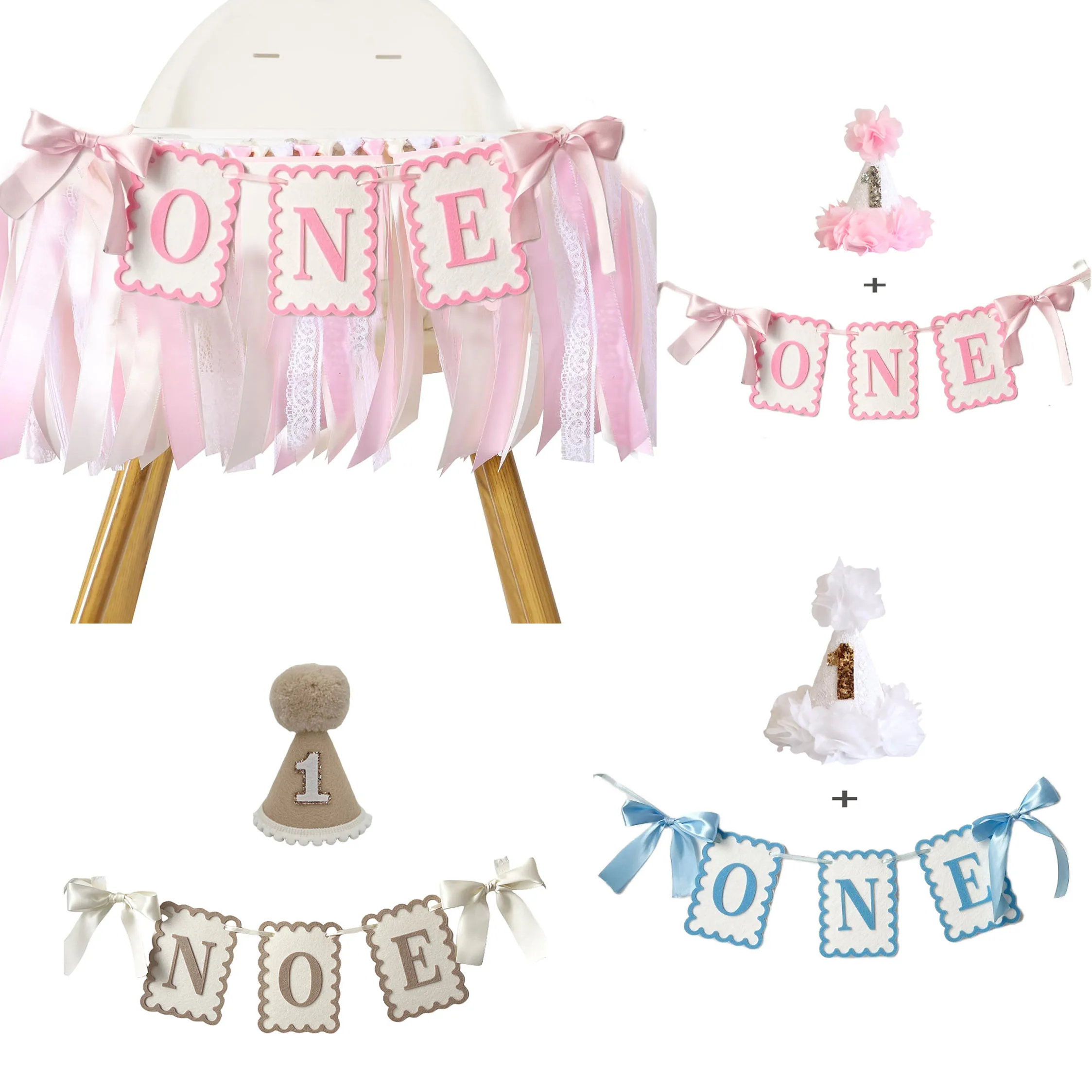 INS Style Bow ONE Non Woven Felt Banner Hat 1st Birthday Chair Garland Photo Props for Kids Birthday Baby Shower Party Decor