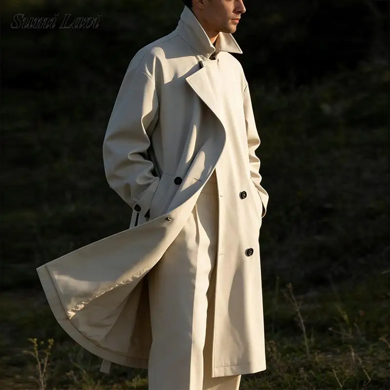 

2026 Spring Fall New Casual Trench Jacket Coats Men Vintage Double-breasted Lapel Overcoats Mens Fashion Solid Color Outerwear