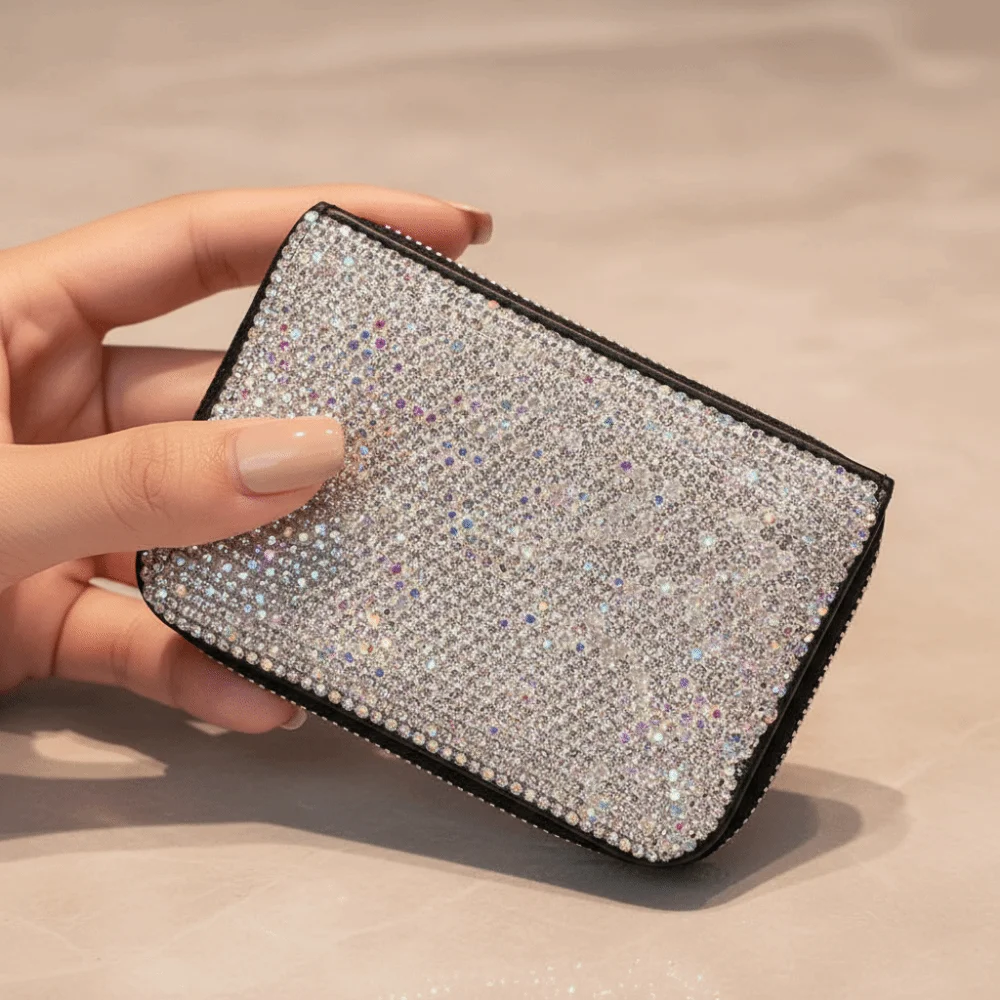 Sparkling Women's Card Bag Portable Luxury Mini Card Case Waterproof Lightweight Bling Rhinestone Card Holder Trip Essentials