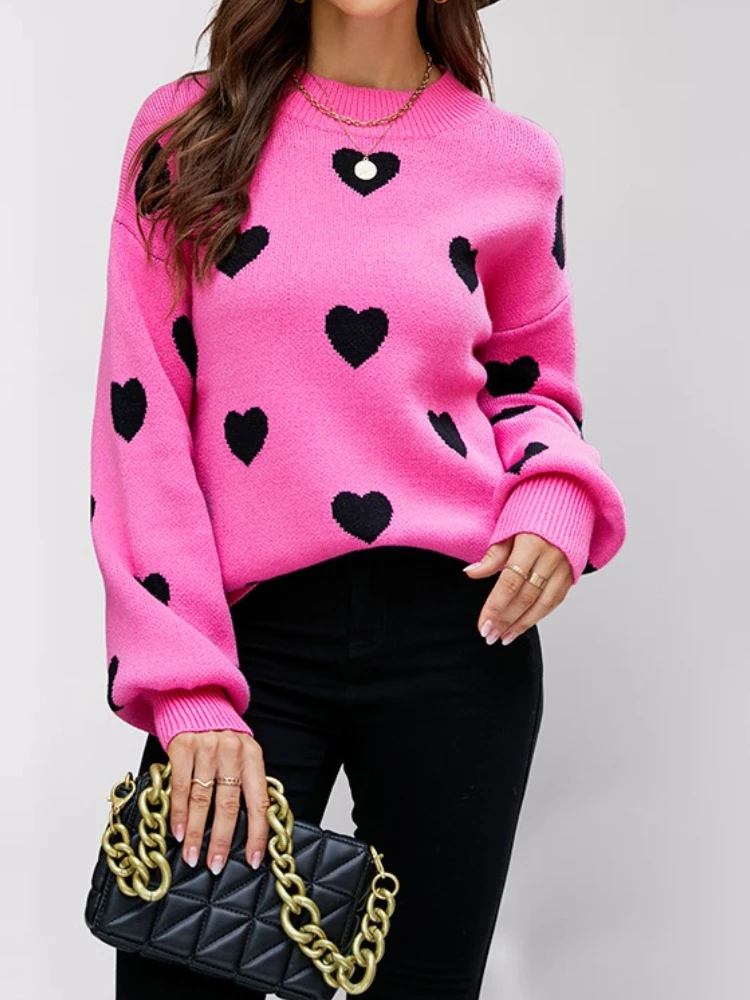 

Новый свитер в форме сердца для женщин, модный милый винтажный свободный вязаный пуловер, трикотаж с длинным рукавом и круглым вырезом, женские шикарные женские топы