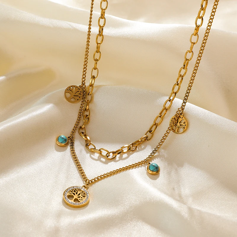 EILIECK 316L Edelstahl-Schmuck Mehrschichtige Halsketten mit grünem Steinanhänger für Damen Vintage Choker Halsketten-Accessoires – Detail 18