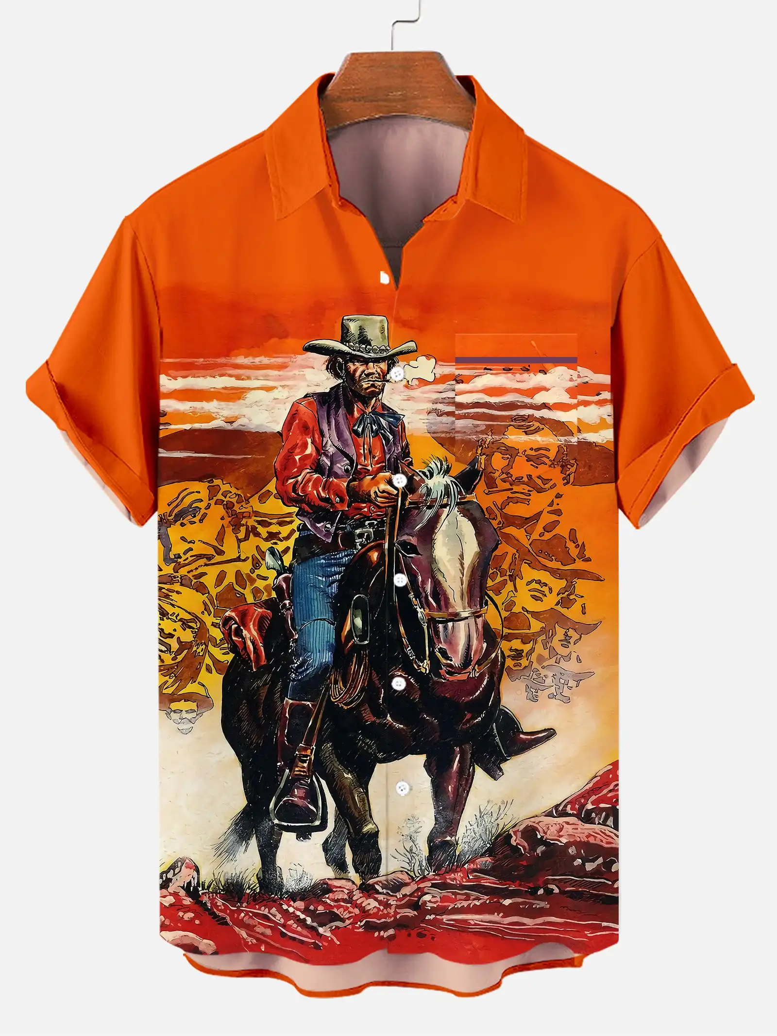 2024 Men\'s Casual Retro Equestrian Cowboy Poster shirts 3D Print Turndown Collar Shirt Short Sleeve Shirt Summer Shirts For Boys