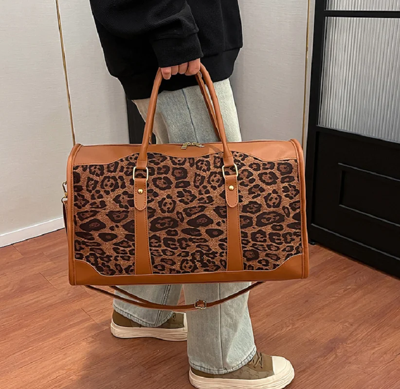 New Fashion Classical Leopard Soft Leather Travel Duffle Women's Large Capacity Shoulder Bags Totes Crossbody Bag Handbag