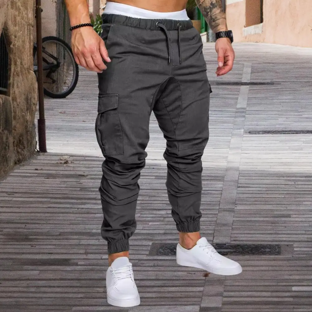 Men Cargo Pants Ankle-banded Thin Multi Pockets Drawstring Elastic Waist Solid Color Gym Traning Sweatpants Outdoor Trousers