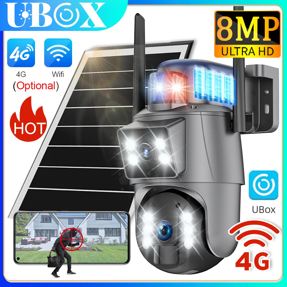 

Солнечная камера Ubox 4G LTE, 8 МП, уличная Wi-Fi камера безопасности, двойной экран, автоматическое отслеживание 360 ° Вид на прямом эфире Цвет ночного видения PIR-движение
