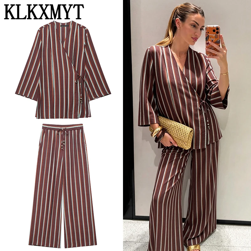 KLKXMYT Women's Vintage Stripe Wide Leg Pants Set Long Sleeve Tied Shirt Tops Suits 2026 Autumn Casual 2 Pieces Set Women
