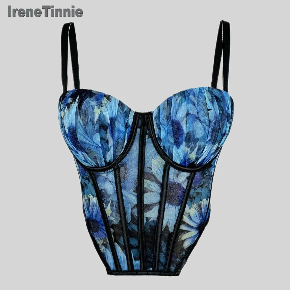 IRENE TINNIE-Women's Printing Flower Transparent Corset, Waist Fishbone Bandage, Bustier Corset, Sexy Tops, Fashion, New，2025