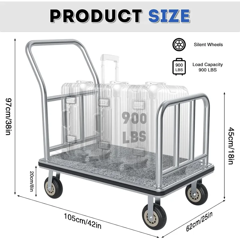 Luggage Cart 900LBS Load Capacity Bellmans Cart with 8 Wheels Brushed Stainless Steel Commercial Grade Hotel Luggage Trolley