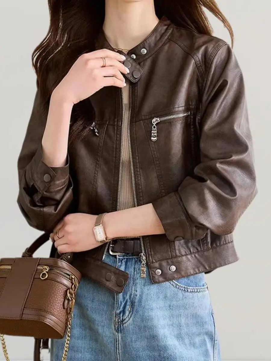 

Early Autumn Brown Leather Jacket Women's Style 2026 New High-End Short Collar PU Leather Jacket Versatile Commute Wind