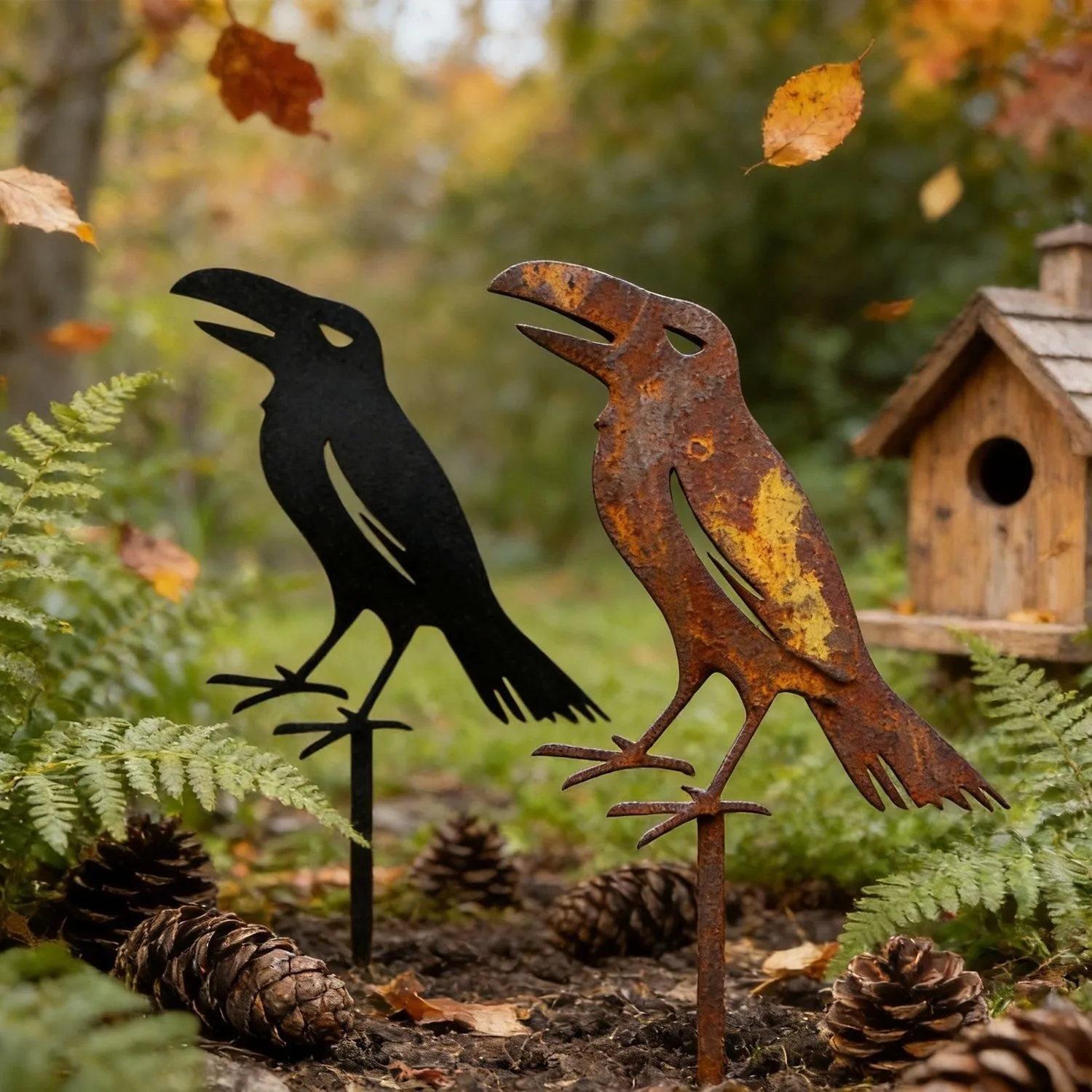 Crow Metal Garden Stake, Black Rusty Raven Silhouette Yard Art, Outdoor Lawn Halloween Bird Decor Plug