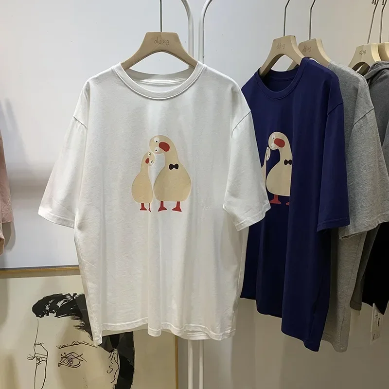 DAYIFUN-O-neck Short Sleeve T-shirt for Women Cartoon Duckling Print Loose Medium Length Casual Top for Lady Summer New 2025