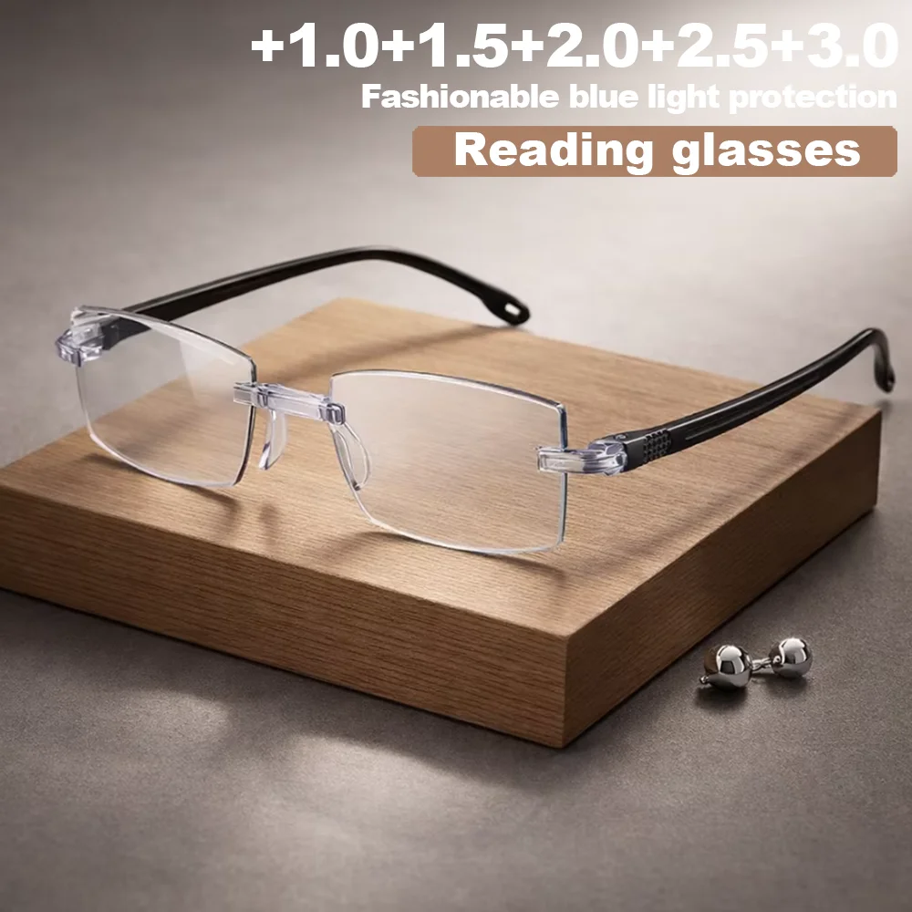 1 Stück Randlose Anti-Blaulicht-Lesebrille Schutzbrille mit Quadratischem Rahmen Leichte Brille für Frauen Männer Computer Alltag +1,0-4,0