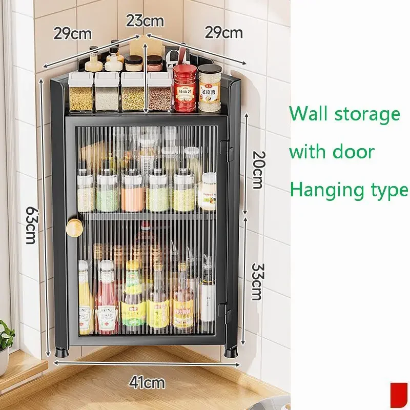 Corner Wall Shelf Triangle rack hanging storage with door condiments Dustproof Kitchen item Desk closet organizer