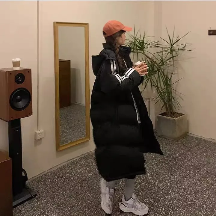 

Loose Fit Thiened Knee-Length Cotton Jaet Men's Women's Autumn Winter Casual Sle Overcoat Youth Faion Outerwear