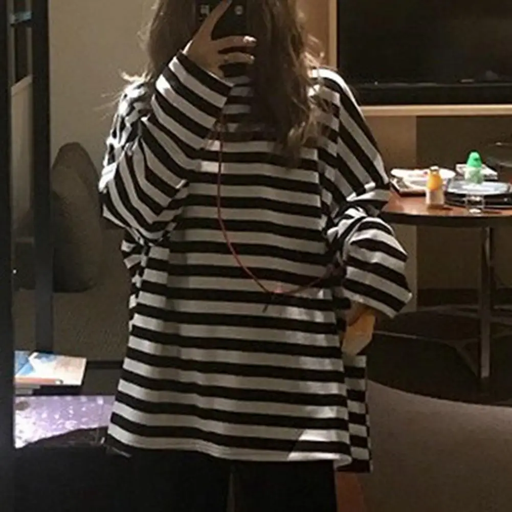 Chic Comfortable Breathable Fine Sewing Craft Oversized College Style Student Striped Blouse Tee Shirt Versatile