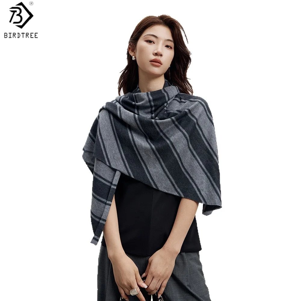 

Birdtree 30,7% овечья шерсть 20,7% акриловая полосатая шаль, женский шерстяной многофункциональный осенний пояс 202, шарф A58814JF